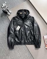 Balenciaga Jackets Motorcycle Patchwork Color Block Small Embroidery Hooded Leather Jacket Casual Loose Thickened Warm Jacket Unisex24ss Autumn and Winter New Products