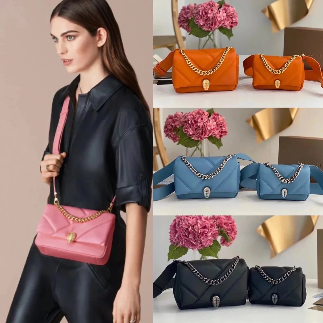 BVLGARI Bag Top version 【Original Leather High Version】New SerpentiCabochon Quilted Calfskin BVLGARI Women's Leather Bag Bag Decorated with a Snake's Head Thick Chain Handbag Crossbody Bag Shoulder Bag Flap Bag Enamel Buckle Snake Head Flap Bag Small Size