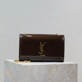 YSL Women's Bag Top version 【Super Original Leather】New Purplish Red Patent Leather KATE Chain Bag Flap Bag Counter Latest Color Purplish Red20cm Chain Bag Flap Bag kate Matte Suede Clutch24cm Envelope Package Mobile Phone Bag469390364021