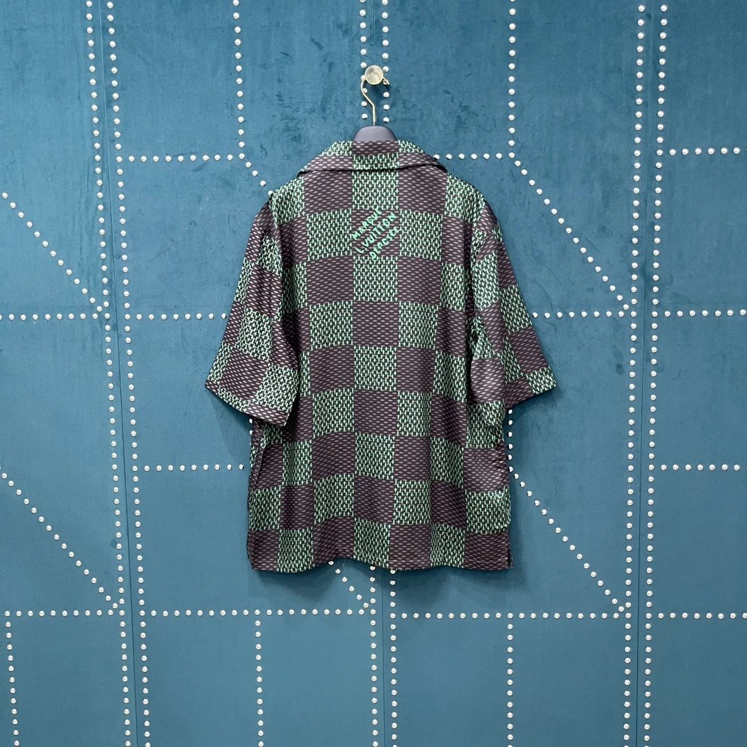 Louis Vuitton LV Shirt Full Print Large Checkerboard Pattern logo Shijia Turn-down Collar Short Sleeve Shirt Versatile Business Unisex Casual Slim Fit Jacket