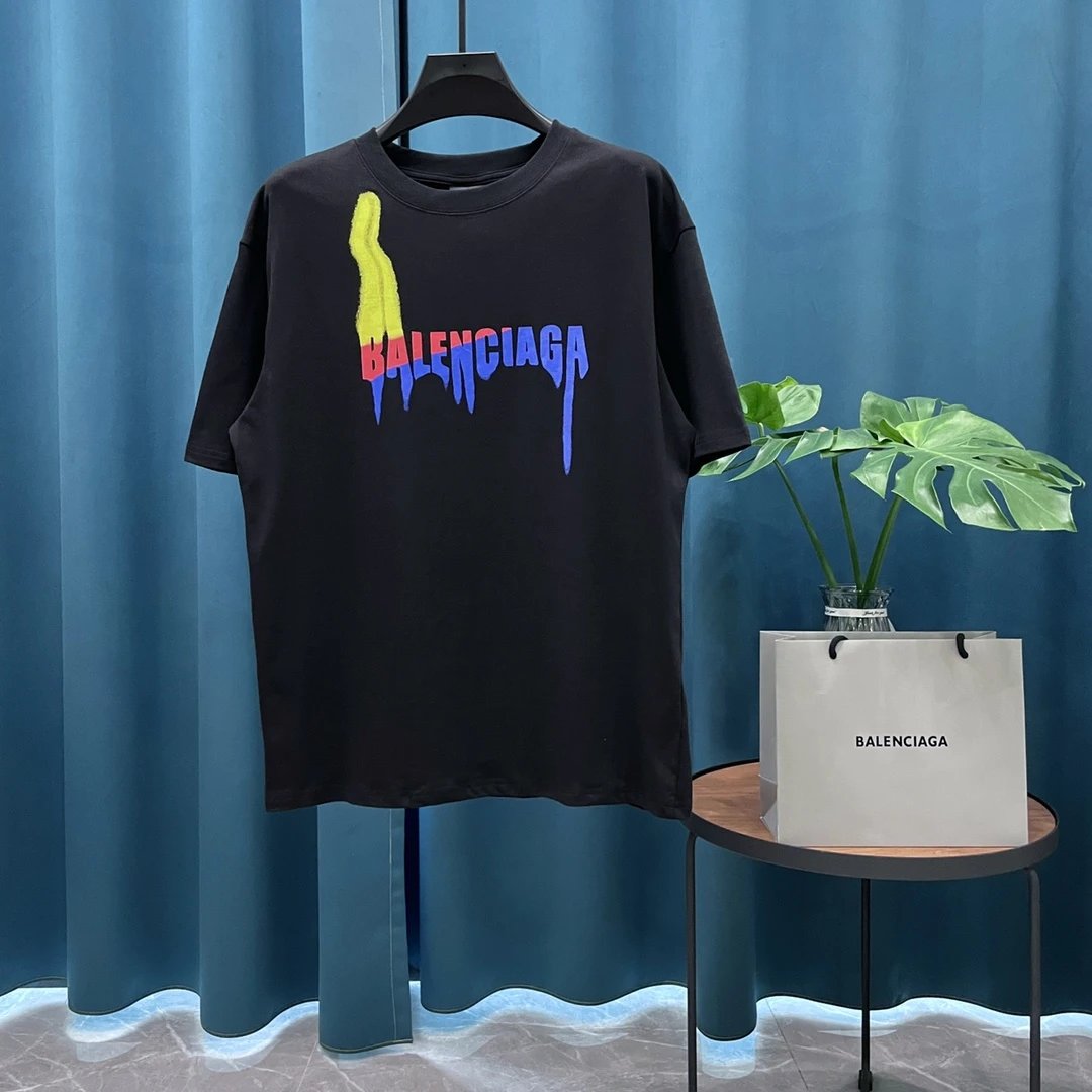 Balenciaga T-shirt Chest Print logo round Neck Short Sleeve25ss New Pure Cotton Unisex Style G Home T T-shirt OS Loose Fit Base Shirt Casual Top Short Sleeve T-Shirt