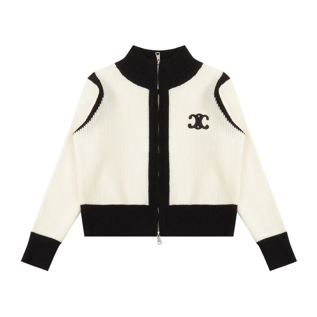 Celine Jackets 3ss Arc de Triomphe Black and White Color Block Short Zipper Knit Cardigan Coat for Women Same Style Outerwear Long Sleeve Soft Lazy Style OS Loose Fit Thickened Versatile Casual Wear for Both Inner and Outer Layering
