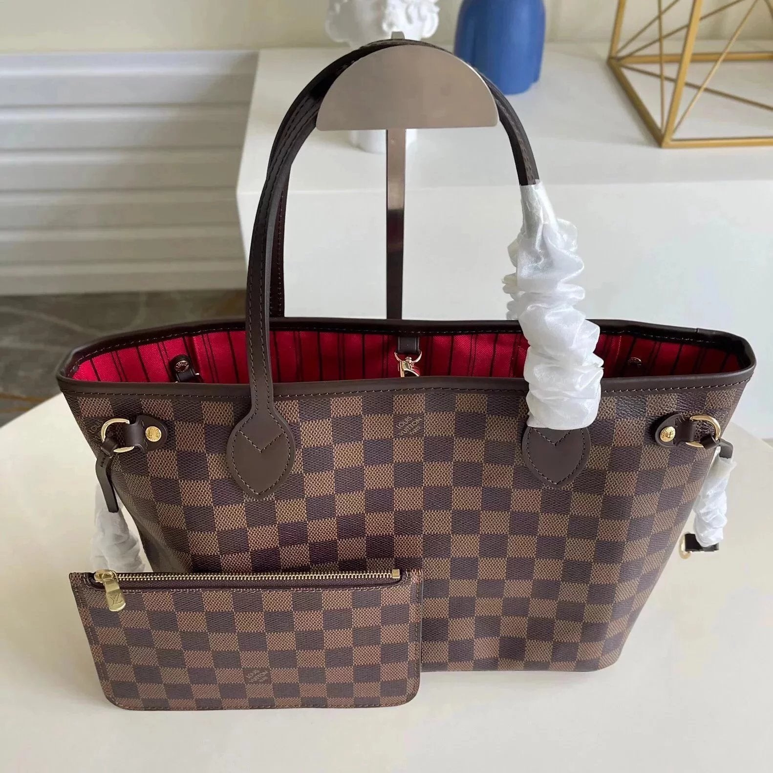 Louis Vuitton LV Women's Bag Top version Original Leather NEVERFULL Small Shopping Bag Presbyopic Chessboard Shopping Bag Shoulder Portable Mother and Child Bag Mummy Bag Women's Bag M41000N41362N41364M41362