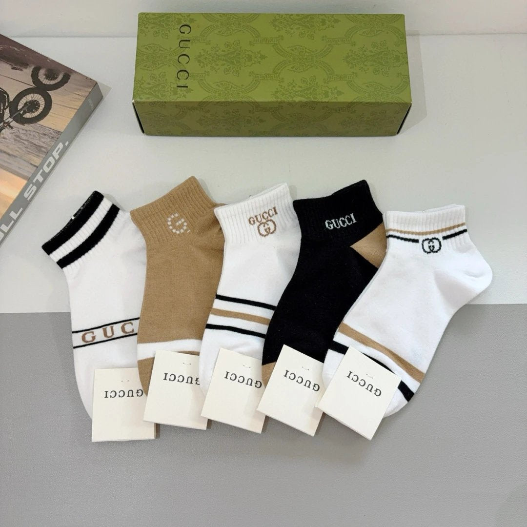 Gucci Sock 【a Box5Double】Classic Pair G Letters logo Breathable Fashion25ss New Short Cotton Socks Spring Summer Autumn Thin Business Deodorant Sweat-Absorbing Sports Casual Versatile