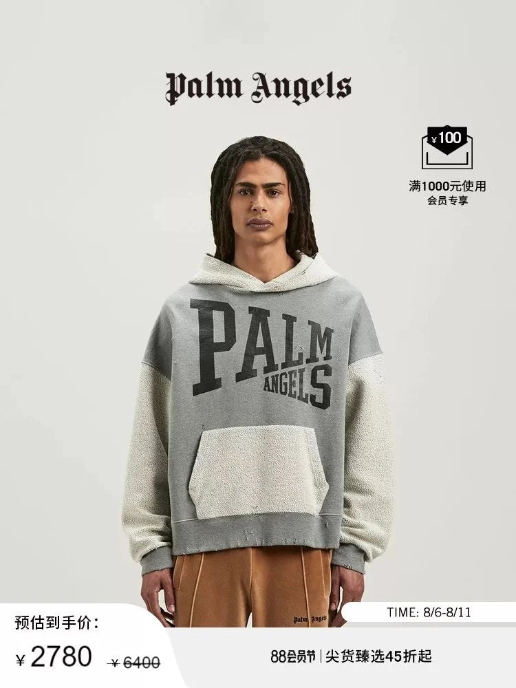 Palm Angels Hoodie Top Version Chest Crack Large Letter Print Loose Stitching Men's and Women's Pullover Hooded Sweater