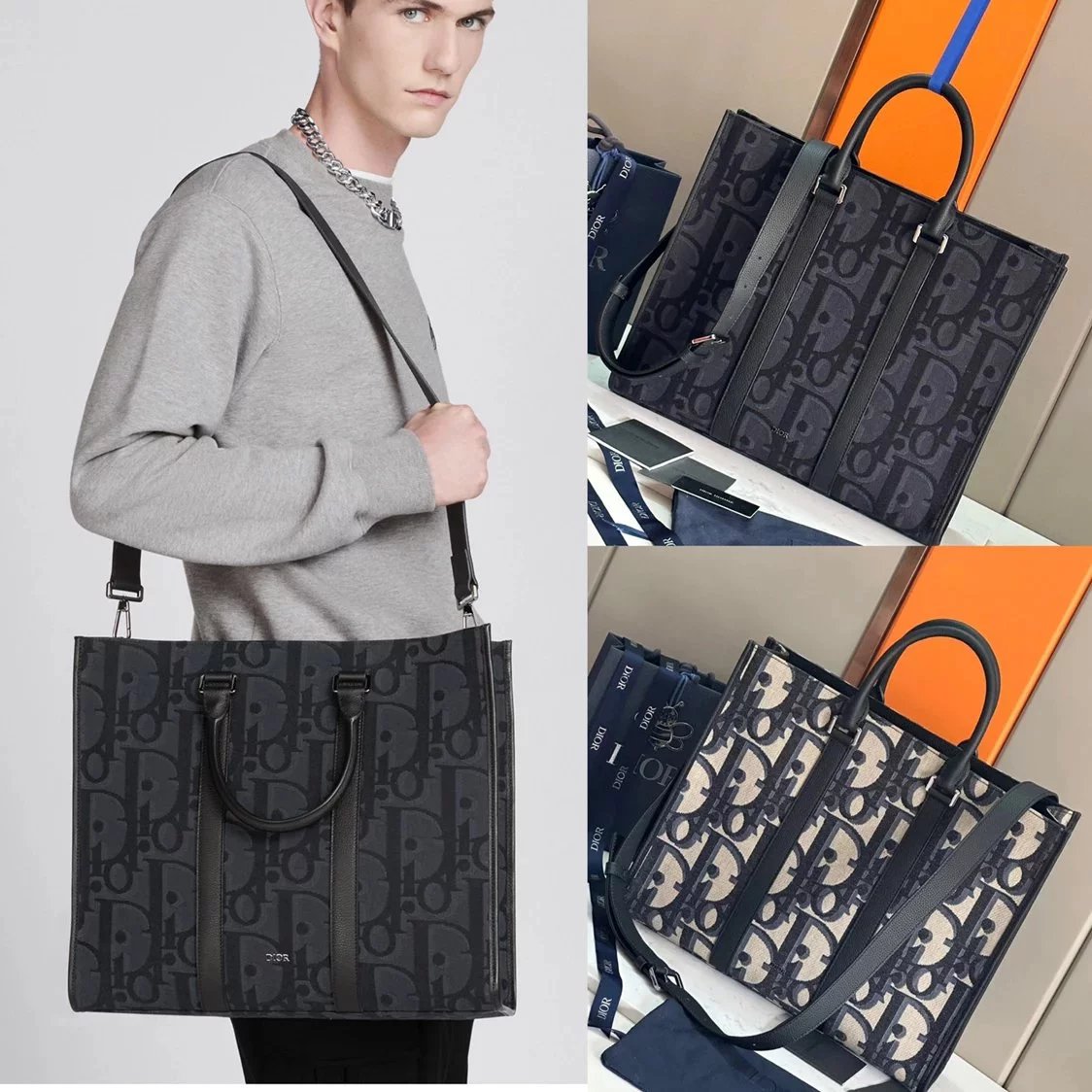 Dior Men's Bag Top version 【Original Factory】24Spring Men's Clothing Series New Products East-West Handbag Tote Bag Men's Tote Bag Handbag Computer Bag Classic Oblique Printed Men's Bag Handbag Shopping Bag Men's and Women's Bags Large-Capacity Luggage Ba