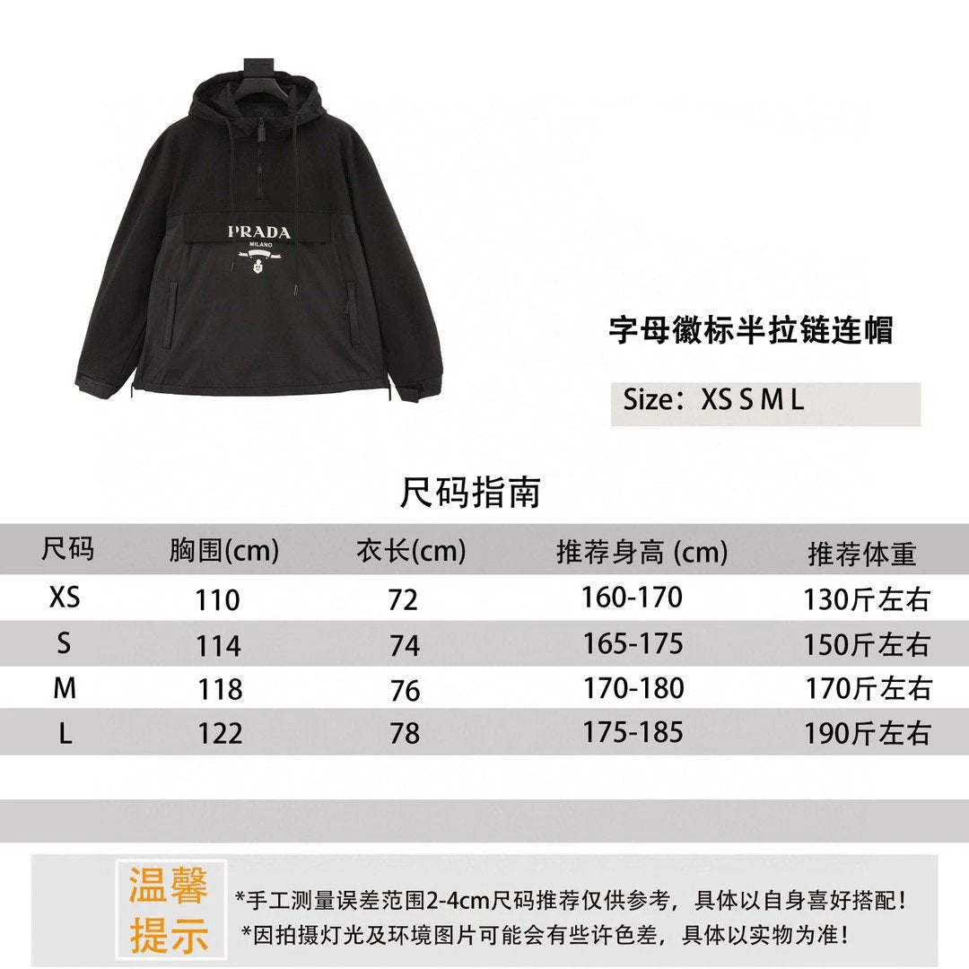 PRADA Jackets  Letter Logo Half Zipper Hooded Jacket for Men and Women