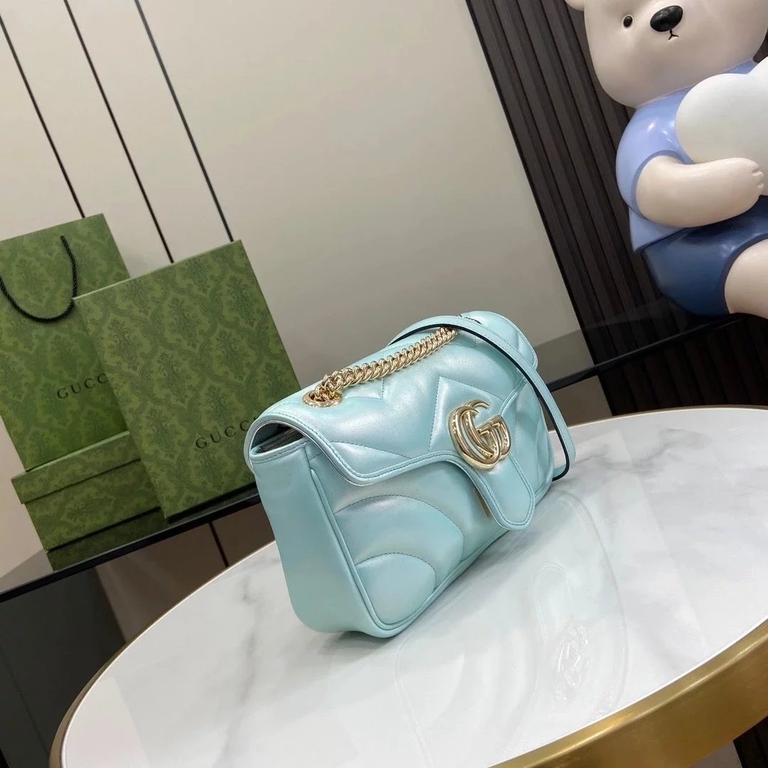 Gucci Women's Bag Top version 【High Version Original Leather】2024Early Spring New marmont Mermaid Laser Magic Color Ma Meng Bao's Home Mermaid Magic Color Pearl Color Love Chain Bag Ma Meng Fang Fat Bag443497