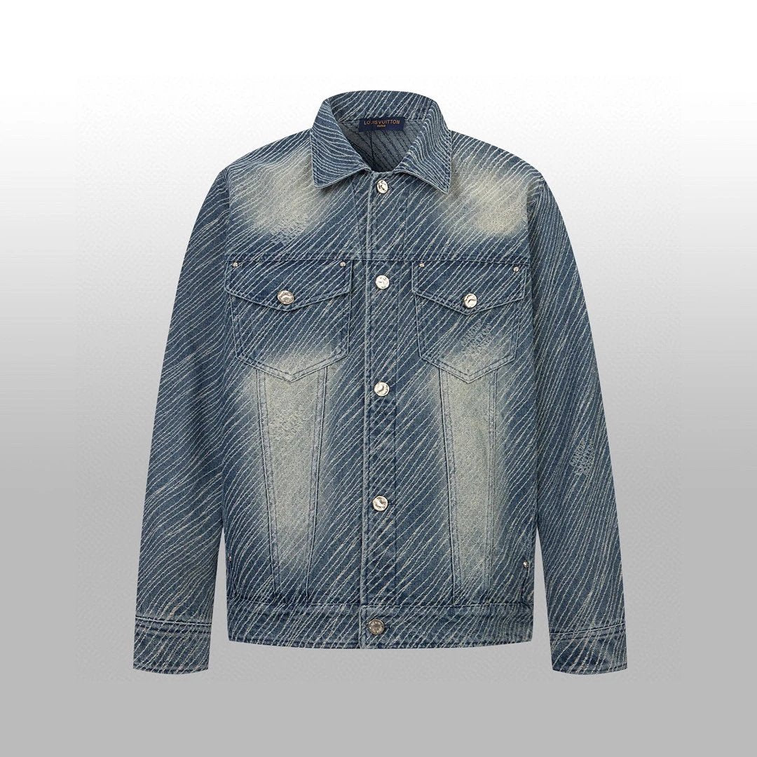 Louis Vuitton LV Jackets Set Bamboo Cotton Denim Heavy Craft Washed Artificial Weaving Denim Jacket Fashion Simple Heavy Casual Short Denim Unisex Washed Vintage Turn-down Collar Jacket