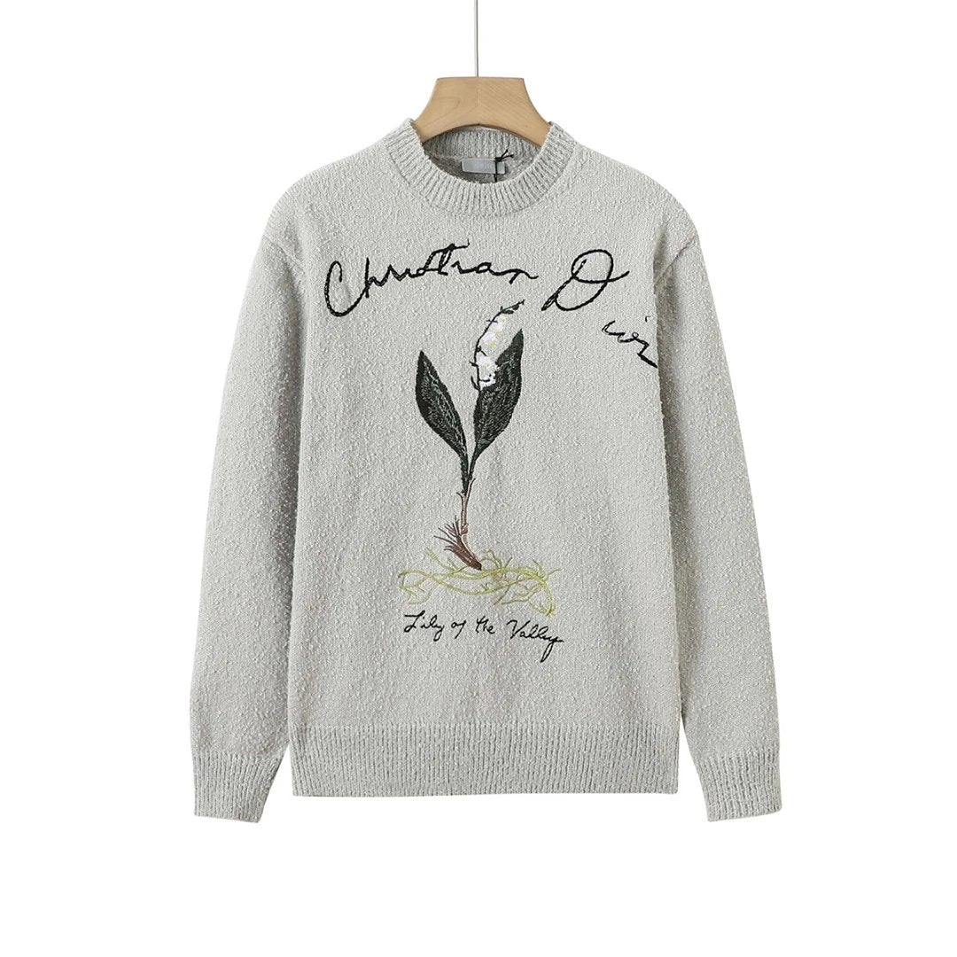 Dior Sweater 24FW Knitted Sweater with Exquisite Lily of the Valley Flower Embroidery, Crew Neck Pullover Sweater, Unisex