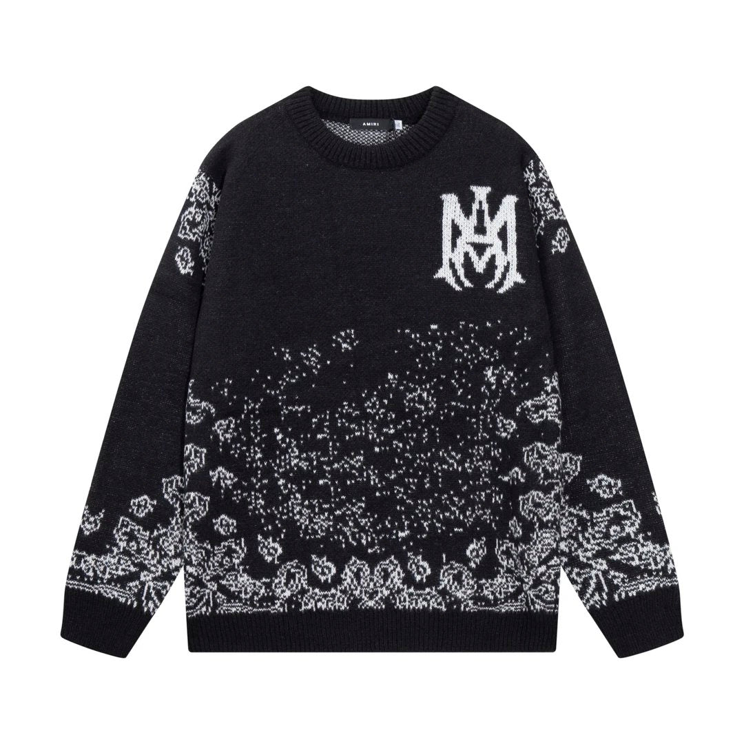 Amiri Sweater Classic logo Embroidered Jacquard Seahorse Wool Sweater Casual Loose Versatile Crew Neck Pullover Knitwear Os Unisex Sweater Inner Layer24ss Autumn and Winter New Products