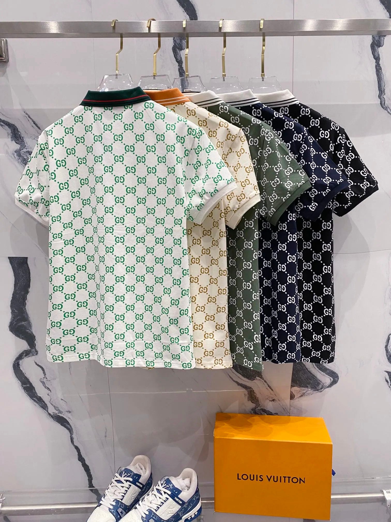 Gucci T-shirt Color-block Collar Full Print GG Small Letter Printed Logo POLO Short Sleeve Turn-down Collar Shirt Unisex Summer Solid Color Loose Fit T Business Commuter Short Sleeve Shirt Plus Size T-Shirt