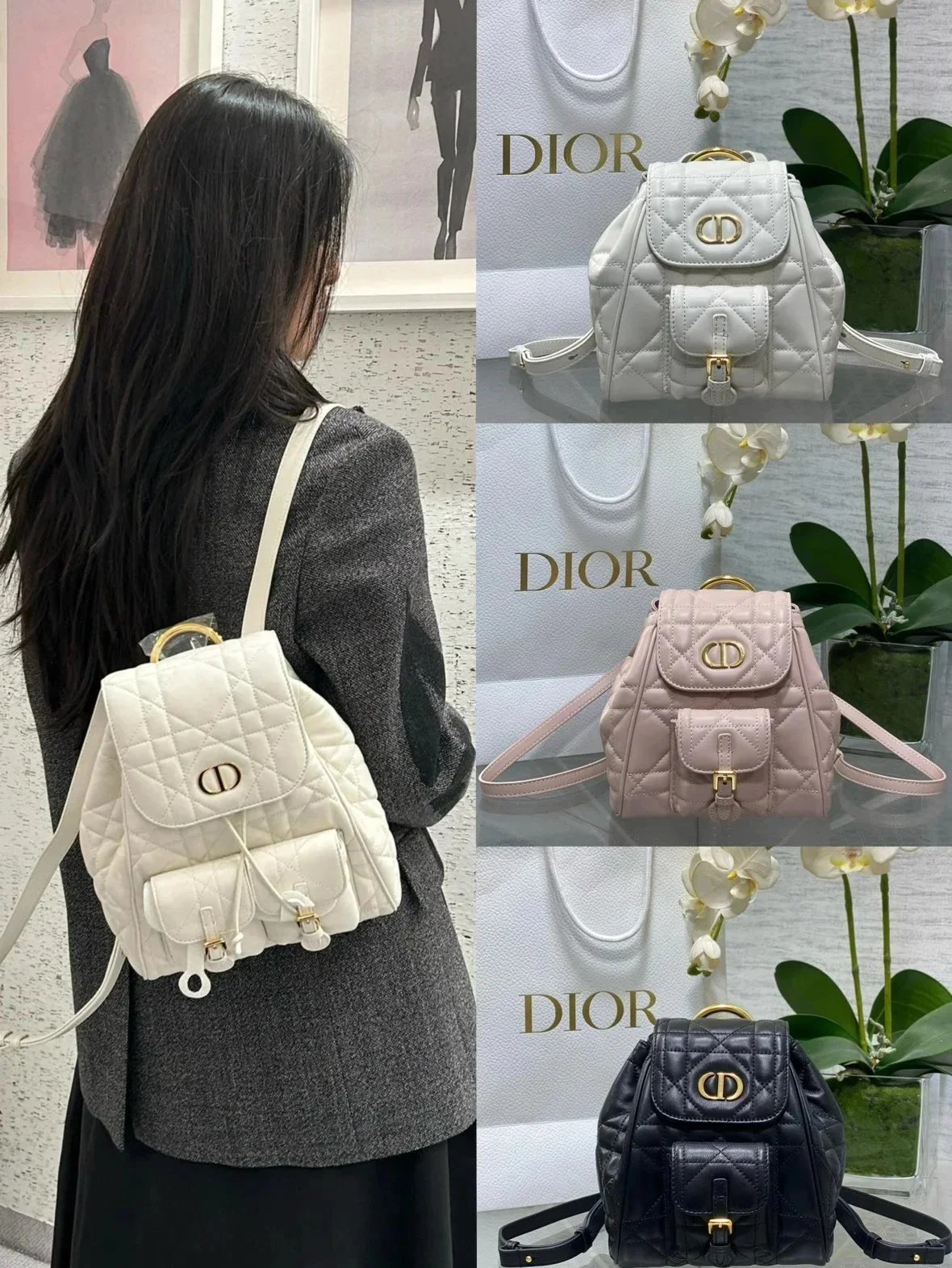 Dior Travel Bag Top version 【Surrogate Shopping Grade Original Leather Matching Leather】Synchronous Packaging24Autumn and Winter New Caro Backpack Rattan Plaid Women's Schoolbag Frog Backpack Women's Handbag Backpack mini Schoolbag Backpack Women's Bag