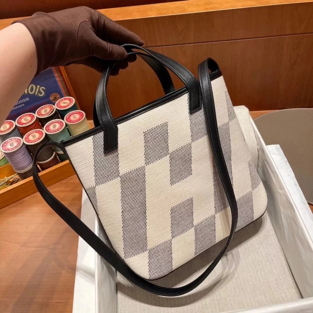 Hermes women's bag Top version Handmade cabasHenbiais27New swift Leather Canvas Twill Black Golden Brown Tote Bag