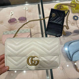 Gucci Women's Bag Top version 【Original Genuine Goods Leather】2023New Marmont Series Card Holder Mini Chain Wallet23New Version of Ma Meng Comes with Card Holder Black and White Chain Bag751526