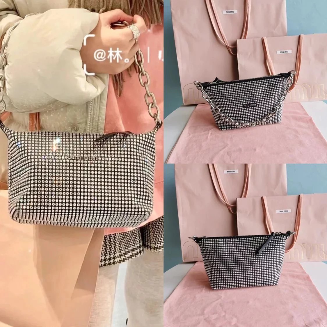 Miu Miu Bag Top version 【Top Version Original Leather】24SS New and Levi’s Cooperation Series Limited Edition Full Diamond Underarm Bag Steamed Crystal Bun Crystal Bag Diamond hobo Bag Dinner Bag Wrist Bag Handbag5BC103