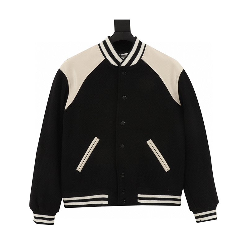 Celine Jackets Wool Leather Trim Stitching Baseball Jacket for Men and Women