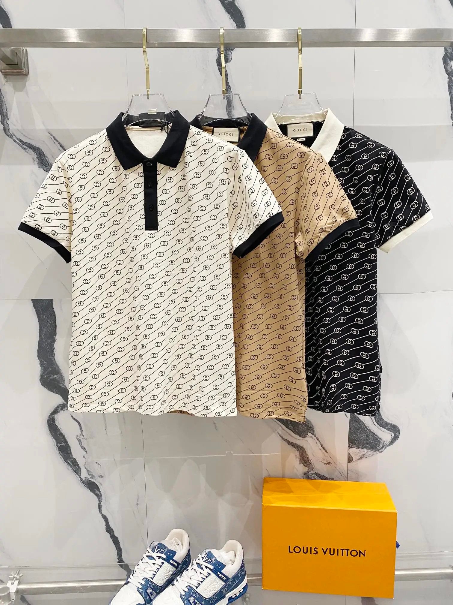 Gucci T-shirt Color-block Collar Full Print GG Alphabet Pattern LOGO Printing POLO Short Sleeve Turn-down Collar Shirt Unisex Summer Solid Color Loose Fit T Business Commuter Short Sleeve Shirt Plus Size T-Shirt