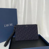 Dior Men's Bag Top version 【Imported Fabric】Surrogate Shopping Level Latest oblique Presbyopic Blue and Black Diamond Black and Gray Dijia A5Men's Clutch Hollow Leather Craft Men's Bag Large Capacity Handbag Dio Embroidered Grain Gray