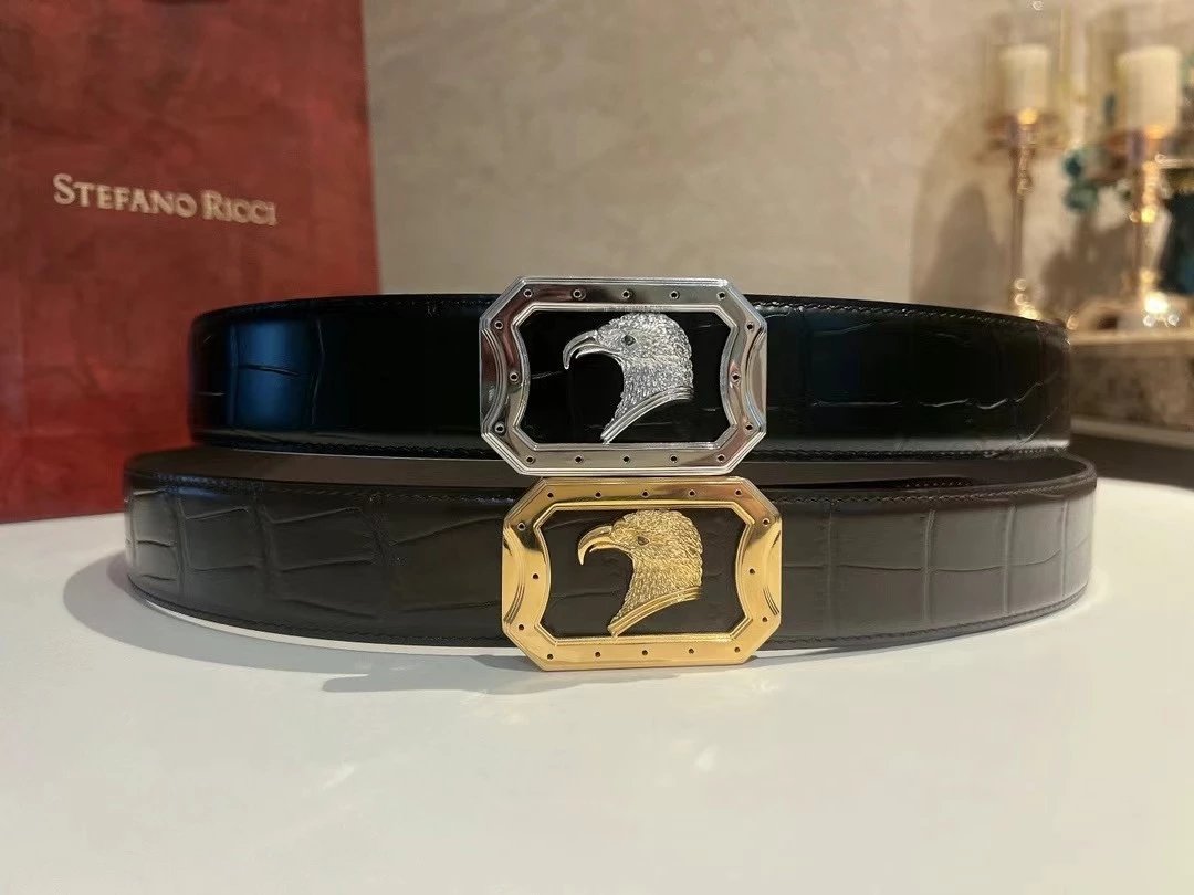 Stefano Ricci Belt Top version Men's Belt Width:3.8cm Boutique Eagle Head Fine Steel Buckle Gold Vacuum Plating New Belt Selected Italian First Layer Cowhide Shark Pattern with Crystal Calfskin Bottom