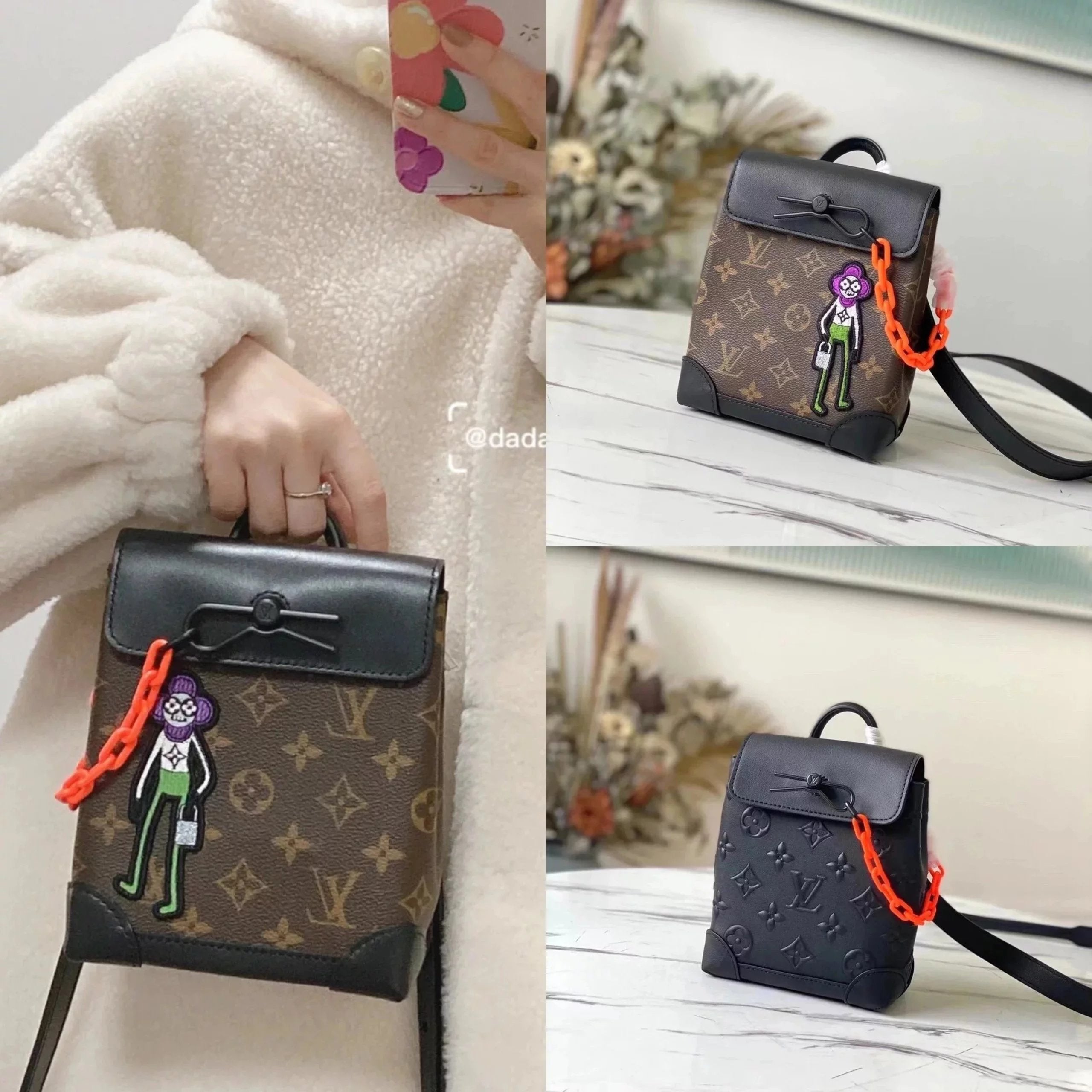 Louis Vuitton LV Women's Bag Top version 【Original Leather】M58707Full Leather in Black Men's and Women's Bags Zoom This Small One SteamNano Men's and Women's Doll Embroidered Handbag Shoulder Crossbody Portable Backpack