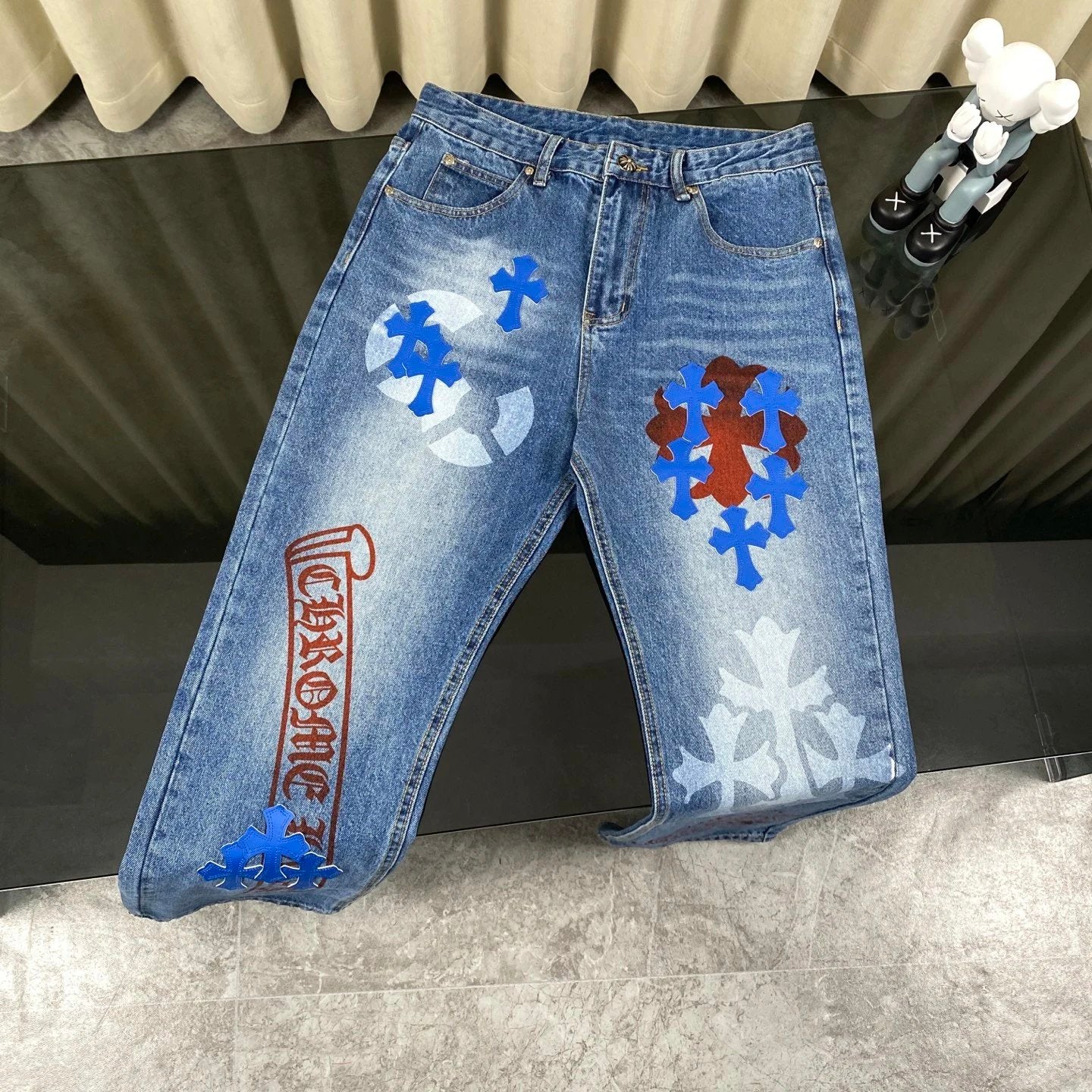 Chrome Hearts Jeans Sanskrit Graffiti Print Stickers logo25ss Spring Summer New Straight Leg Jeans Unisex Slim Fit Long Pants Loose