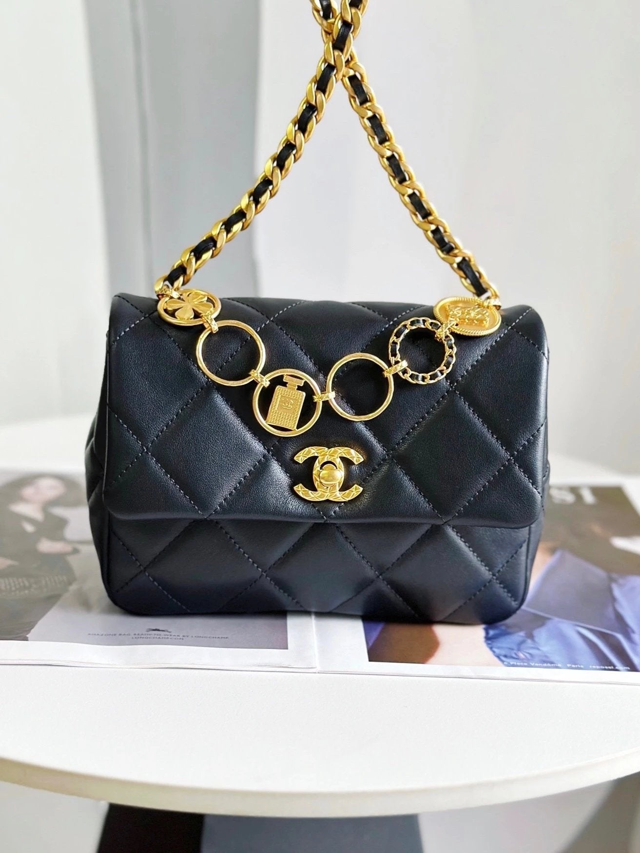 Chanel Women's Bag Top version 【Original Leather】23B New Ring Badge Square Fat Man Flap Bag Badge Gold Coin Bag Original Sheepskin Genuine Leather Bag as4274