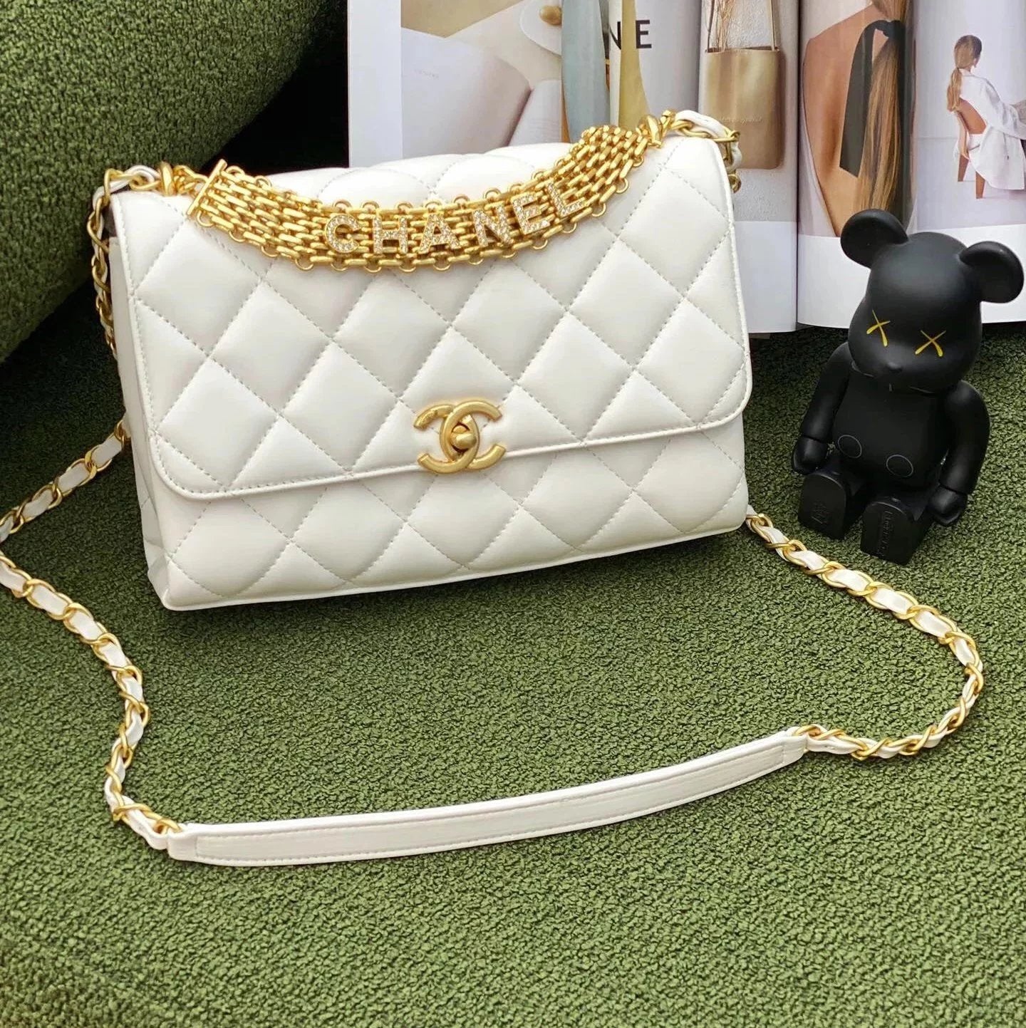 Chanel Women's Bag Top version 【Original Leather】2022Bag New Letter Rhinestone Chain Handle CF Flap Bag Sheepskin Messenger Bag Handbag Flap Bag Women's Bag Shoulder Bag