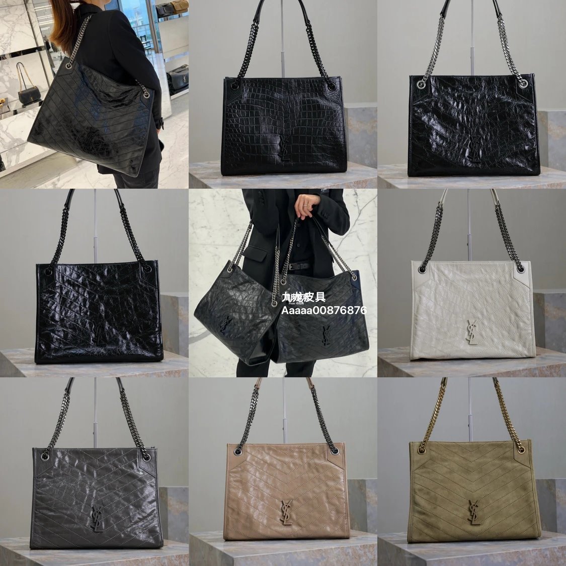 YSL Women's Bag Top version 【Super Original Leather High Version】Classic Nikishoppingbag Large Tote Bag Shopping Bag Crocodile Pattern Cowhide Black Large Niki Pleated Oil Wax Leather niki Large Tote Bag Women's Bag