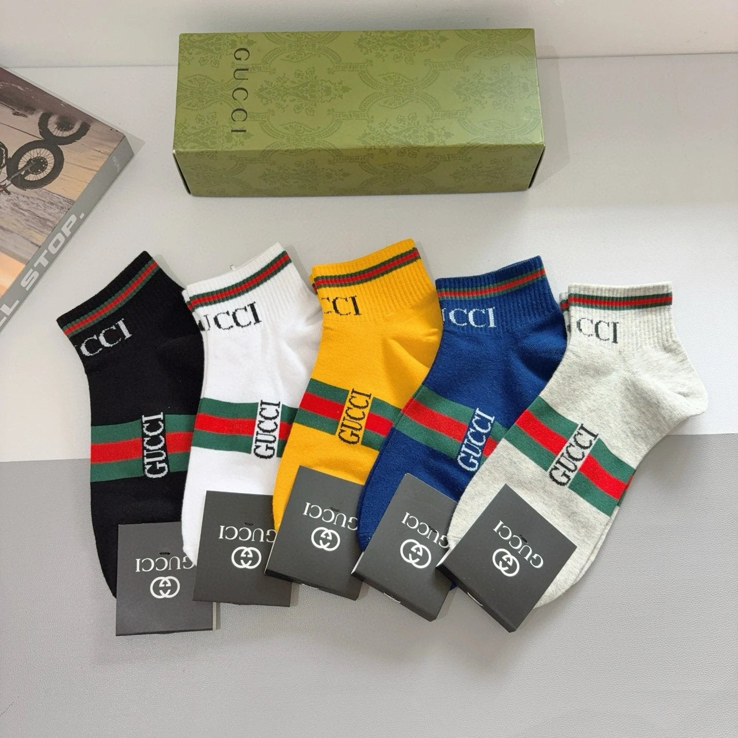 Gucci Sock 【Five Pairs Per Box】Classic Letter Breathable Fashion25ss New Short Tube Cotton Socks Thin Business Sports Casual Spring Summer Autumn Versatile Deodorant Sweat-Absorbing