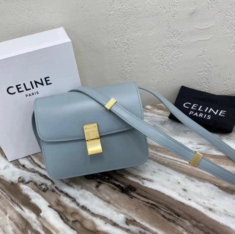 Celine women's bag Top version 【Original Leather】Classic ClassicBox Bag Teen Square Bag Stewardess Bag Box Bag Toothpick Pattern Cowhide Crossbody Women's Bag18.5cmTeenbox Bag