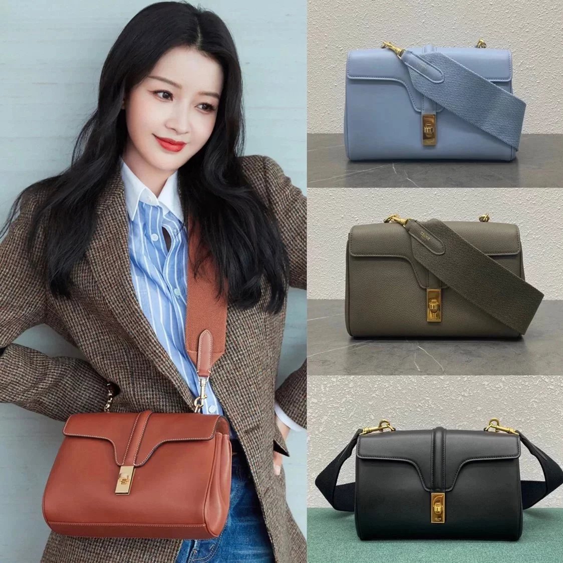 Celine women's bag Top version 【Kowloon Leather Original Leather】New teensoft16Handbag Small Size Wide Shoulder Strap Shoulder Messenger Bag Women's Messenger Bag Sun Yi Same Style Women Bag