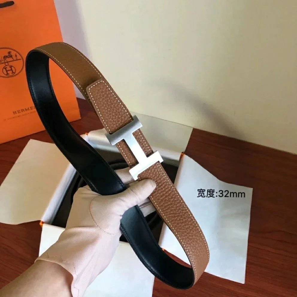 Hermes Belt Top version Men's Leather Belt Genuine Leather Casual Versatile Business Casual Belt Litchi Grain Cowhide Double-Sided Belt3.2cm