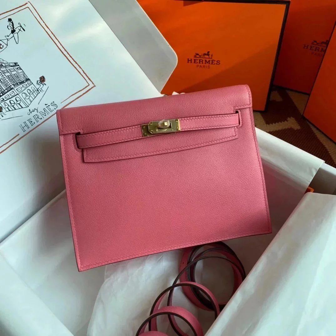 Hermes women's bag Top version 【H Handmade】Women's Bag KellyDanSe22cmevercolor Leather Imported Beeswax Thread Clutch Backpack Waist Bag Shoulder Messenger Bag Gold and Silver Buckle