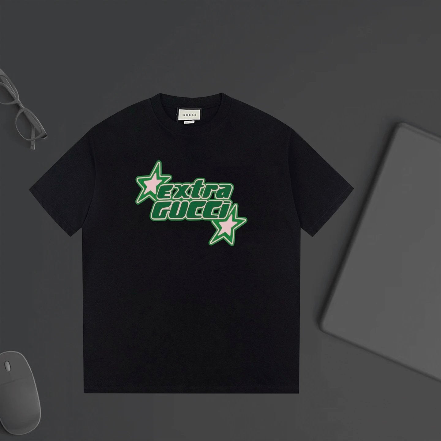 Gucci T-shirt Five-pointed Star Letter Print on the Chest logo round Neck Short Sleeve25ss New pure cotton T Unisex T-Shirt OS Drop Shoulder Loose Fit Base Shirt Top T-Shirt Short Sleeve