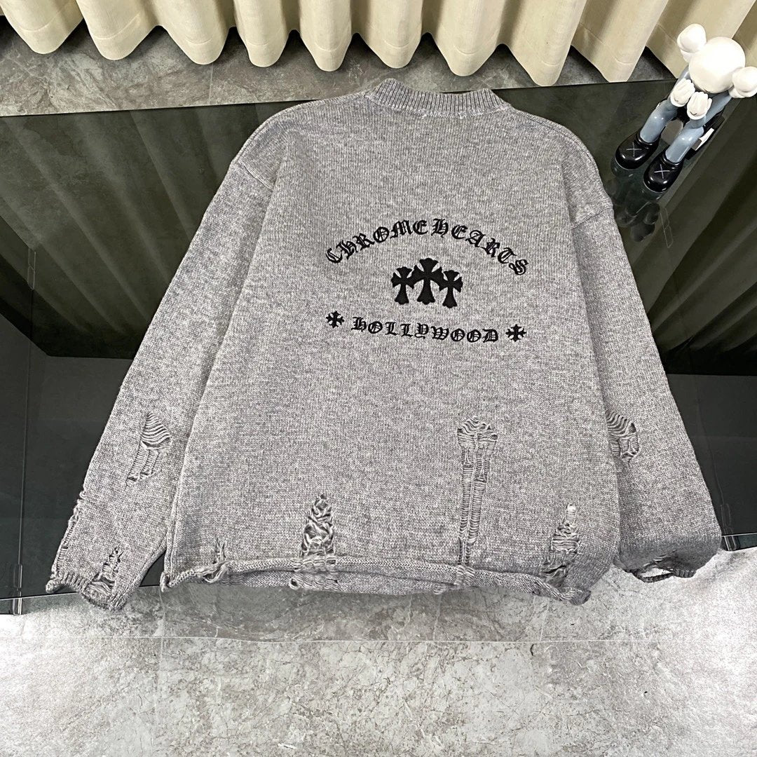 Chrome Hearts Sweater Patchwork Distressed Knit Crew Neck Sweater Long Sleeve Pullover Thickened Lazy Style OS Loose Fit Knit Jacket Unisex Casual Wearable Inside and Outside Versatile