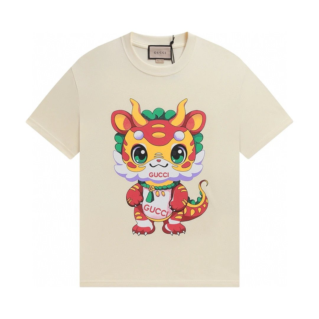 Gucci T-shirt Cute Kirin Print on the Chest logo round Neck Short Sleeve25ss New Pure Cotton Unisex Style T T-shirt OS Loose Fit Base Shirt Top Half Sleeve T-Shirt
