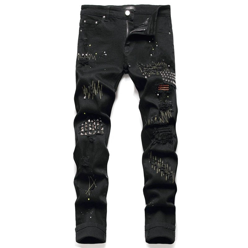 Amiri Jeans New Foreign Trade Style Fashion Blue with Holes Paste Cloth Embroidery Elastic Mid-Waist Feet Men's Jeans