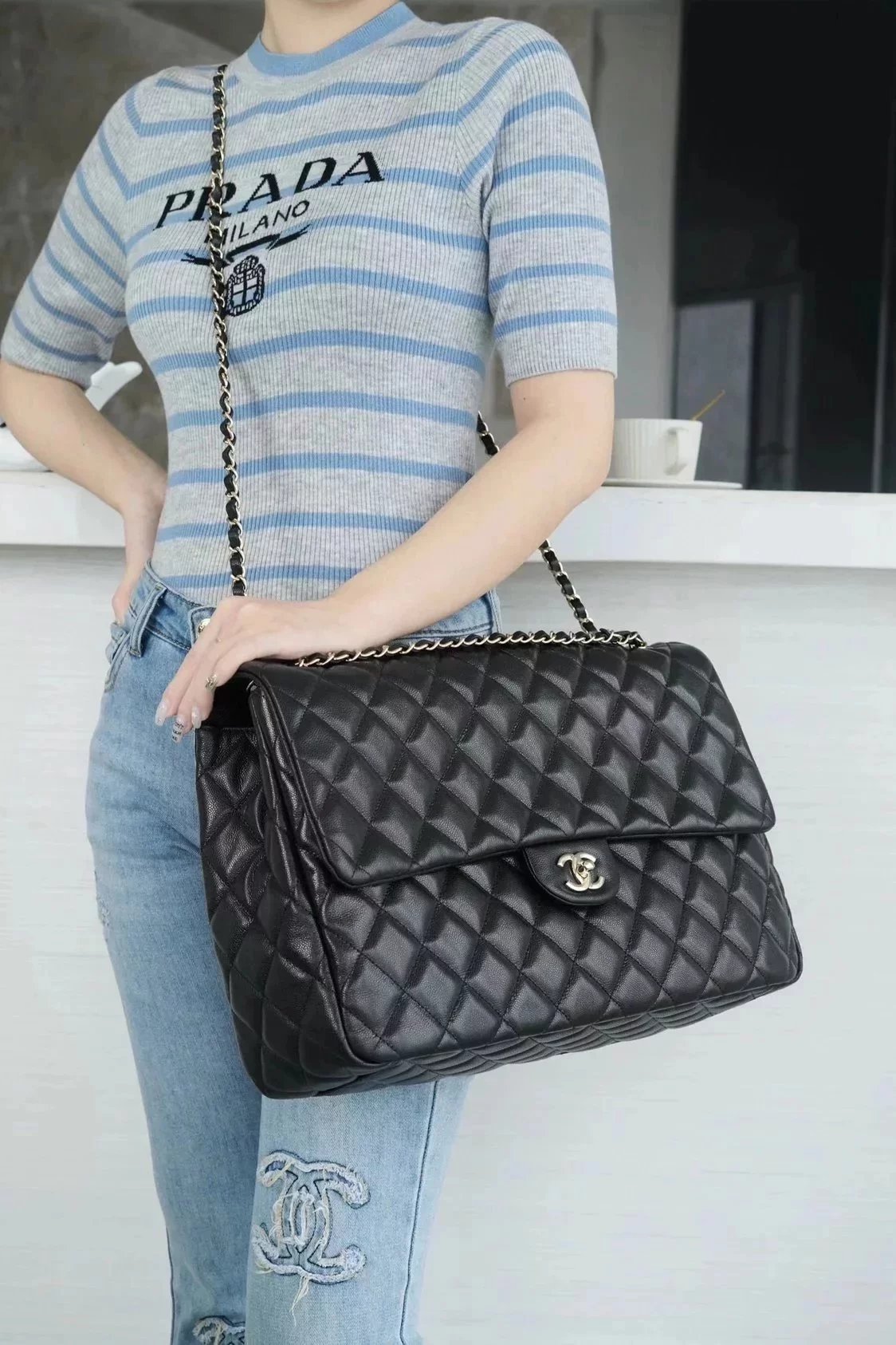 Chanel Women's Bag Top version 【Grade Surrogate Shopping Original Leather】Chanei24C New Oversized CF40cm Black france Haas Original Fine Caviar Leather One-Shoulder Messenger Bag Women's Bag Travel Sports Leisure Mummy Bag