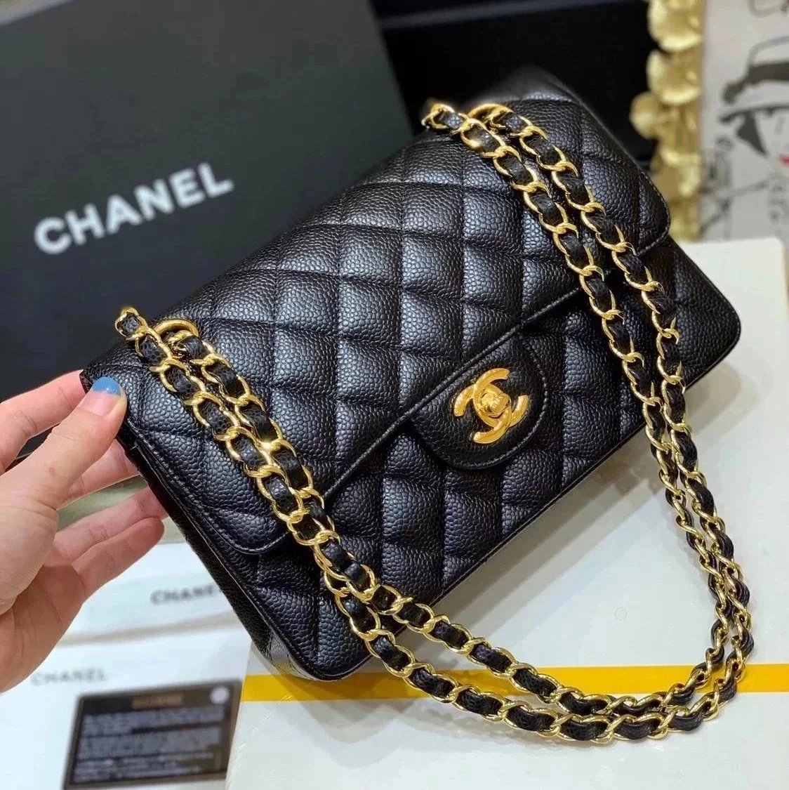 Chanel Women's Bag Top version 【Genuine Goods Leather】CF Original Caviar Ball Grain Cowhide Particles Full Classic CF Small Size23cm Black Gold Black Silver CF Flap Bag Pairs Clog Original Sheepskin Mouth Cover Chain Bag1117CF23cm