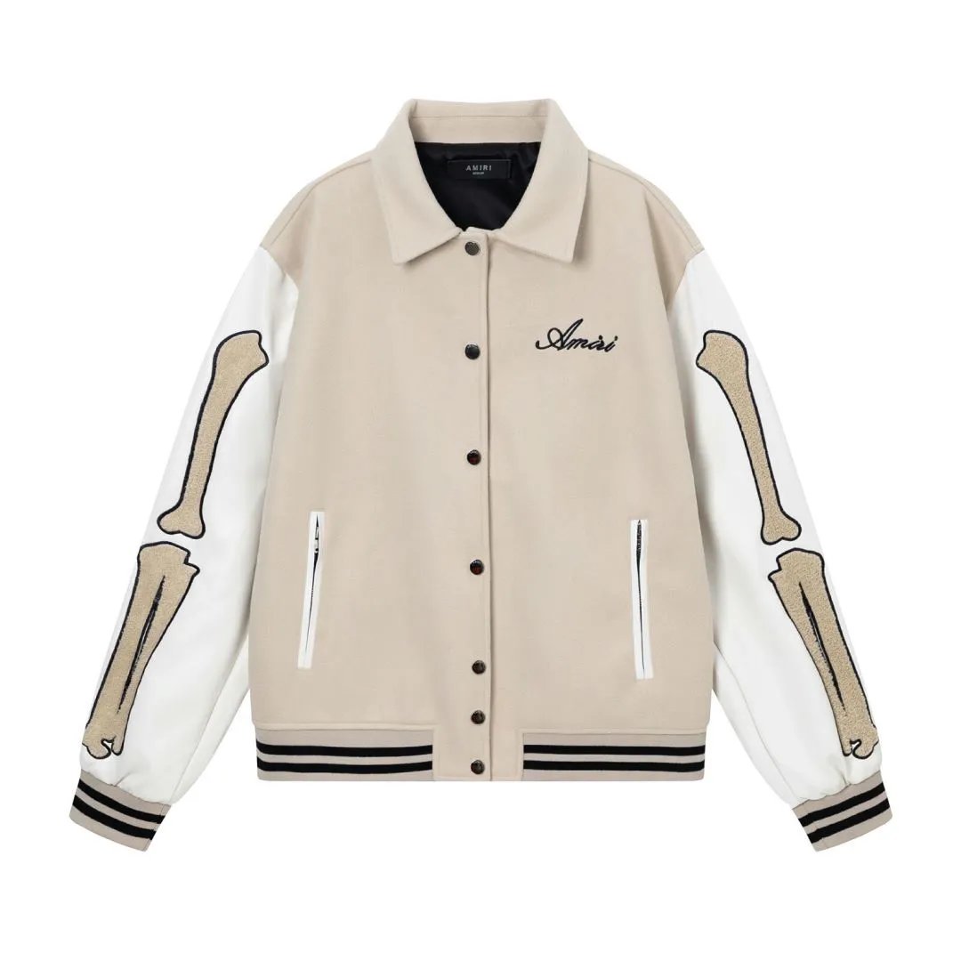 Amiri Jackets Coat 2024Autumn and Winter New Stickers Bone Embroidered Woolen Lapel Baseball Jacket Men and Women Same Style