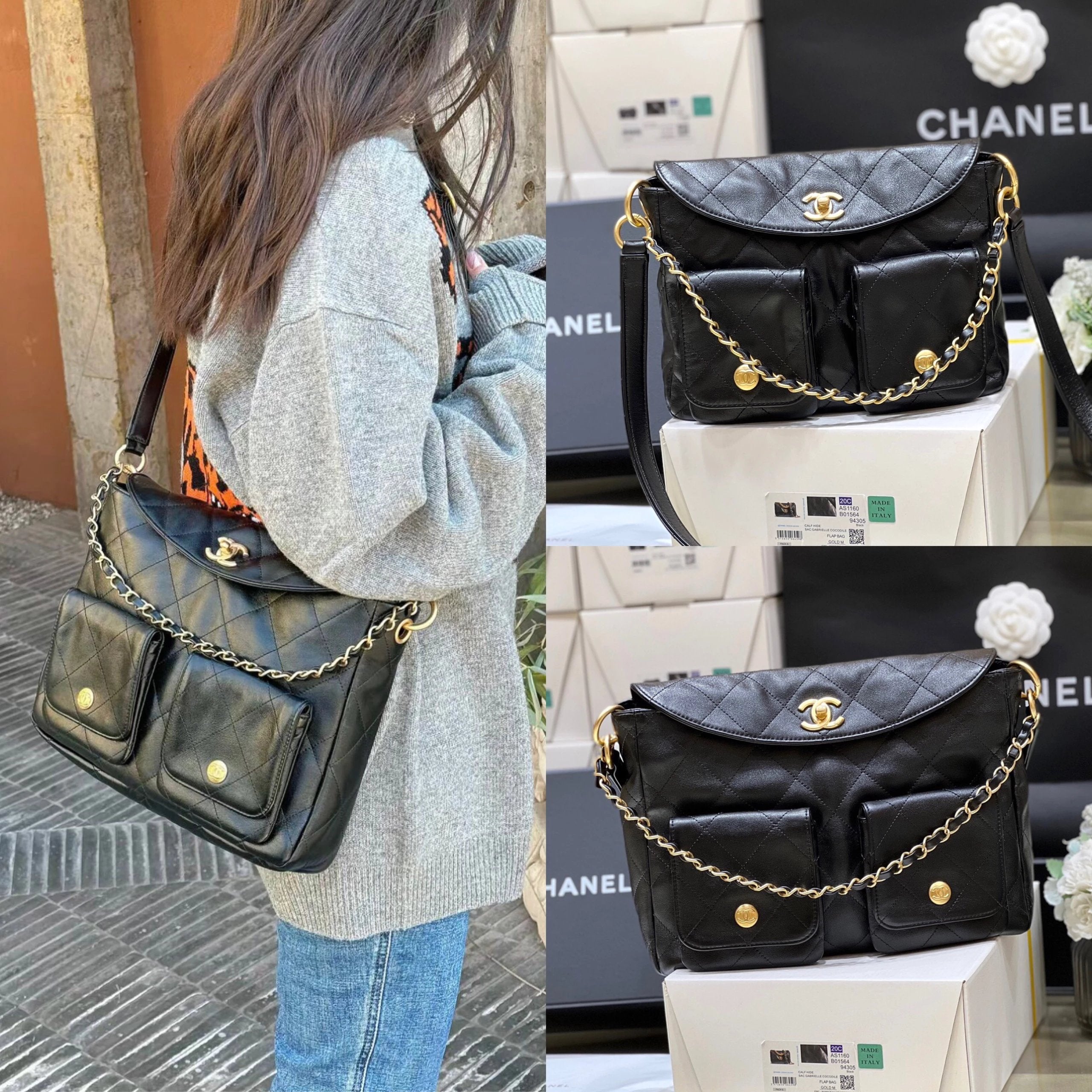 Chanel Women's Bag Top version 【Super Original Genuine Goods Leather】24P New Retro hobo Hippie Bag Motorcycle Bag Chain Underarm Bag Backpack Clutch Messenger Bag Women's Motorcycle Messenger Bag hobo Large Messenger Bag Hippie Bag Hippie hobo Bag