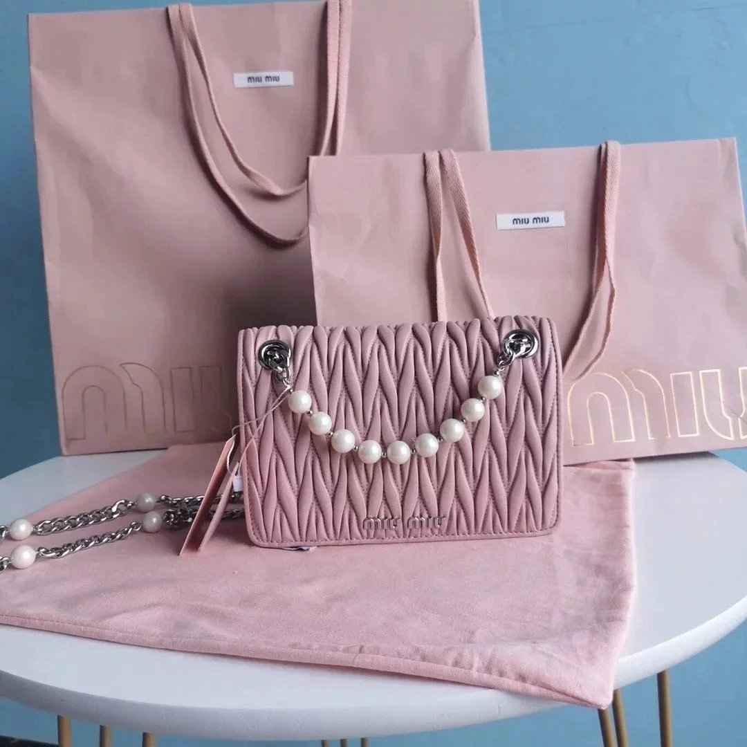 Miu Miu Bag Top version 【Pure Original Single Factory Production】2021New Women's Pearl Chain Bag Shoulder Bag Messenger Bag Handbag Pleated Lambskin19cm5BP065