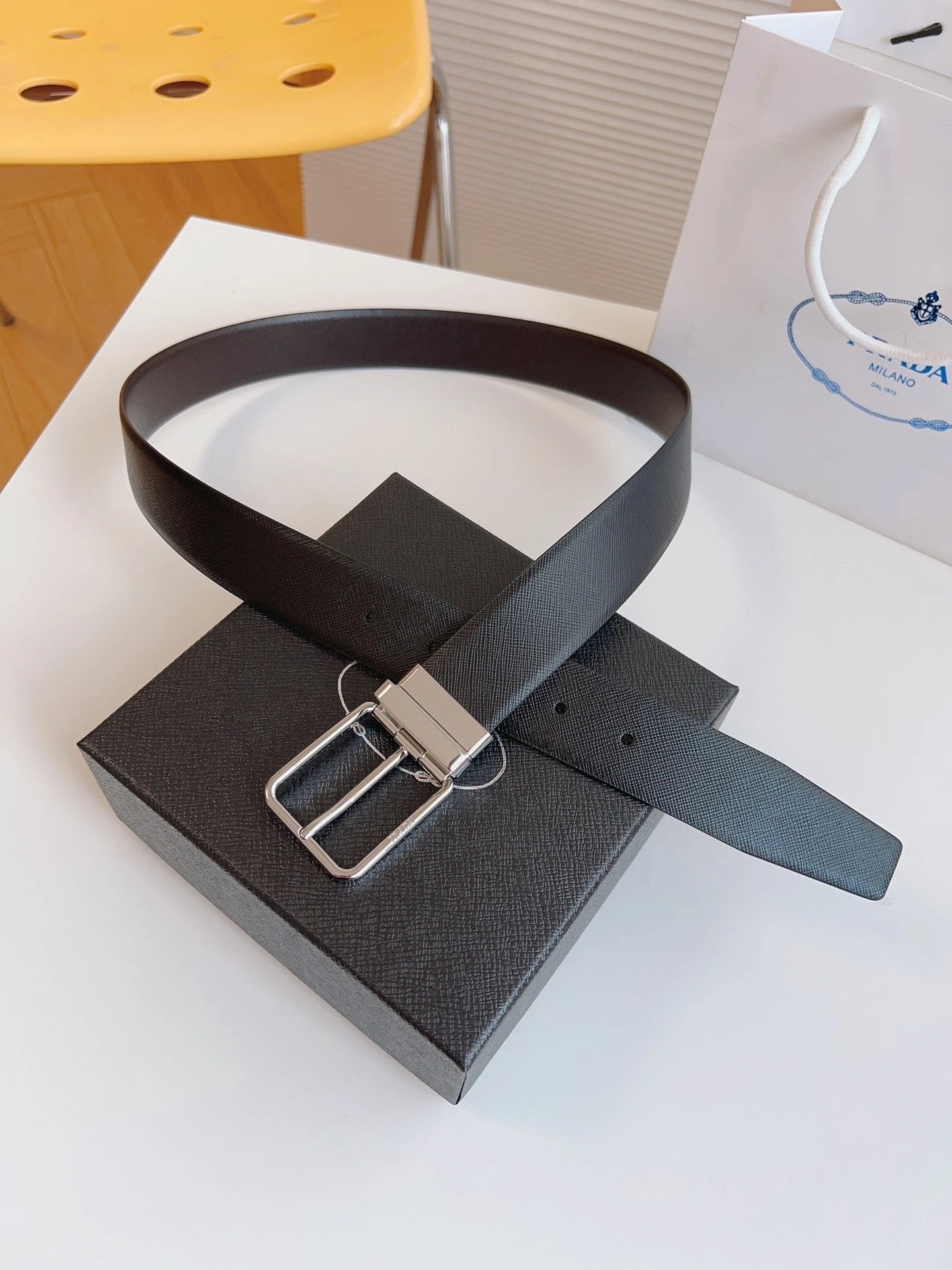 PRADA Belt Top version New Original Order Genuine Belt Men's Pin Buckle Belt Business Casual Cross Pattern Black Coffee Double-Sided Pure Original Leather Imported from Italy Cowhide Leather