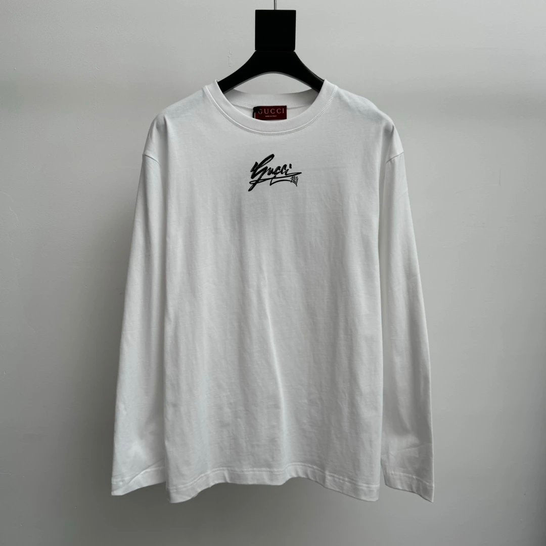 Gucci T-shirt Early Autumn Signature Print Knit Cotton Long Sleeve T Casual Loose Round Neck Pullover Base Shirt Os Unisex Pure Cotton Sweatshirt Inner Layer24ss Autumn and Winter New Products