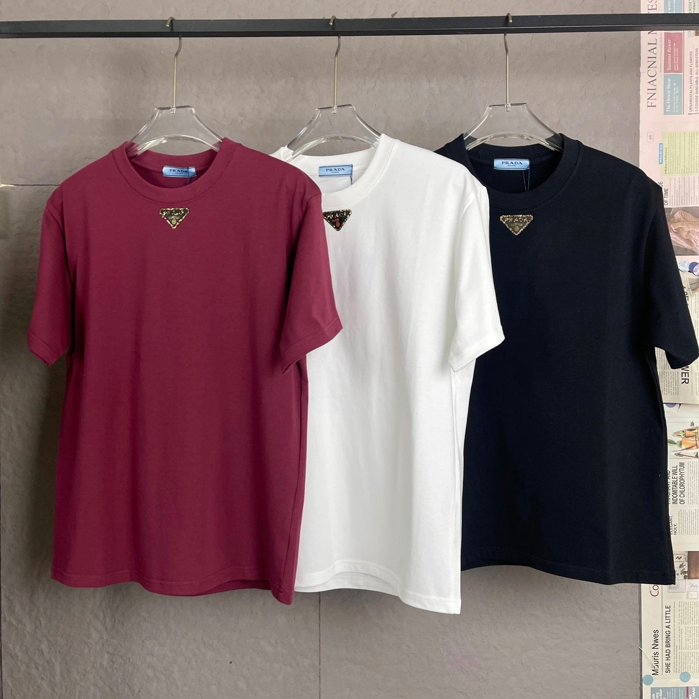 PRADA T-shirt Front Triangle Logo Letter Rhinestone logo round Neck Short Sleeve25ss New Pure Cotton Unisex Style T T-shirt OS Loose Fit Base Shirt Top Half Sleeve T-Shirt
