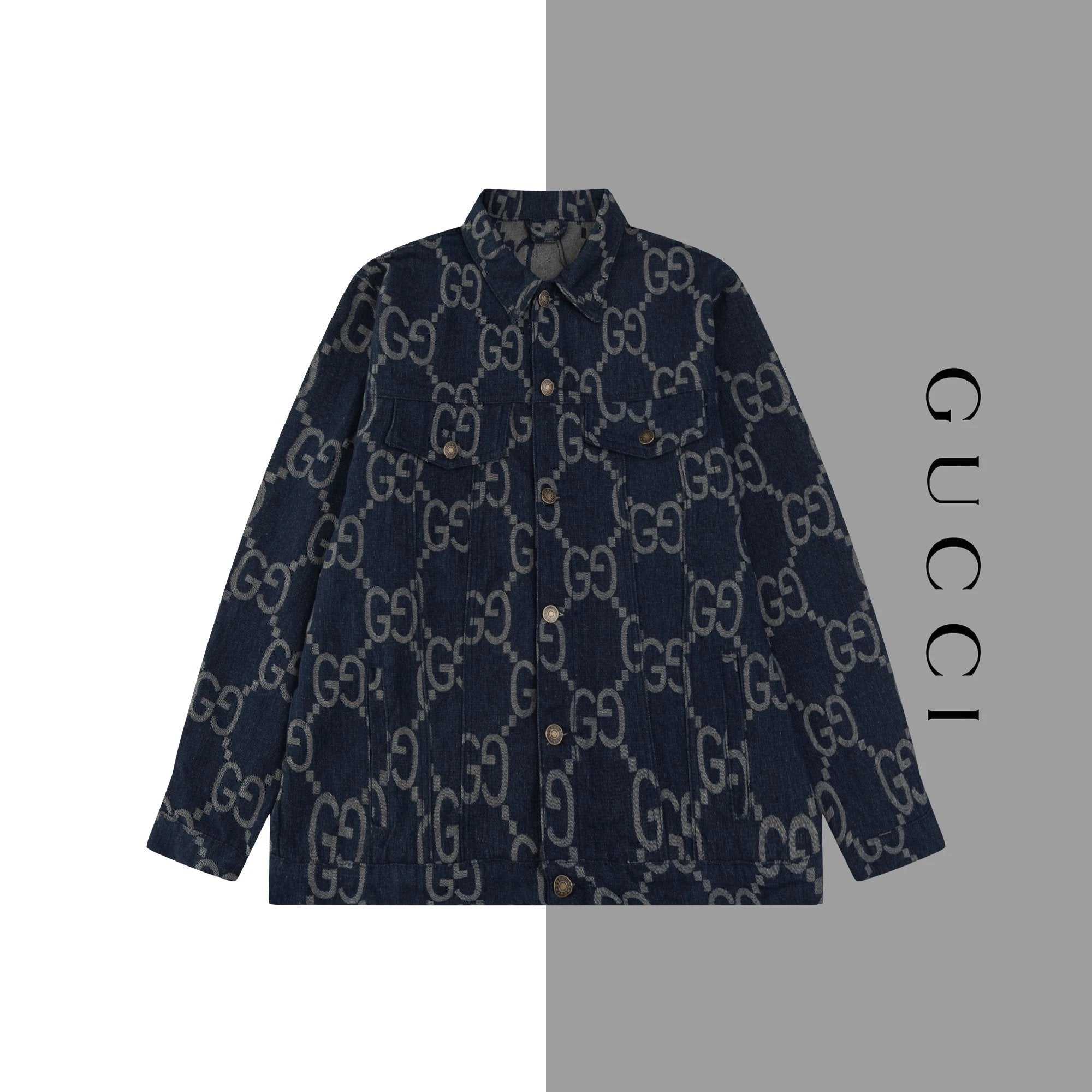 Gucci Jackets Dark Pattern Jacquard Full Print Denim Jacket Fashion Simple Heavy Casual Unisex Washed Turn-down Collar Jacket