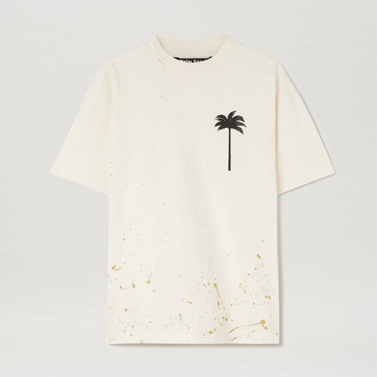 Palm Angels T-shirt Top Version Classic Men's and Women's Same Beige Cotton Tree Painted Print Short Sleeve round Neck T T-shirt