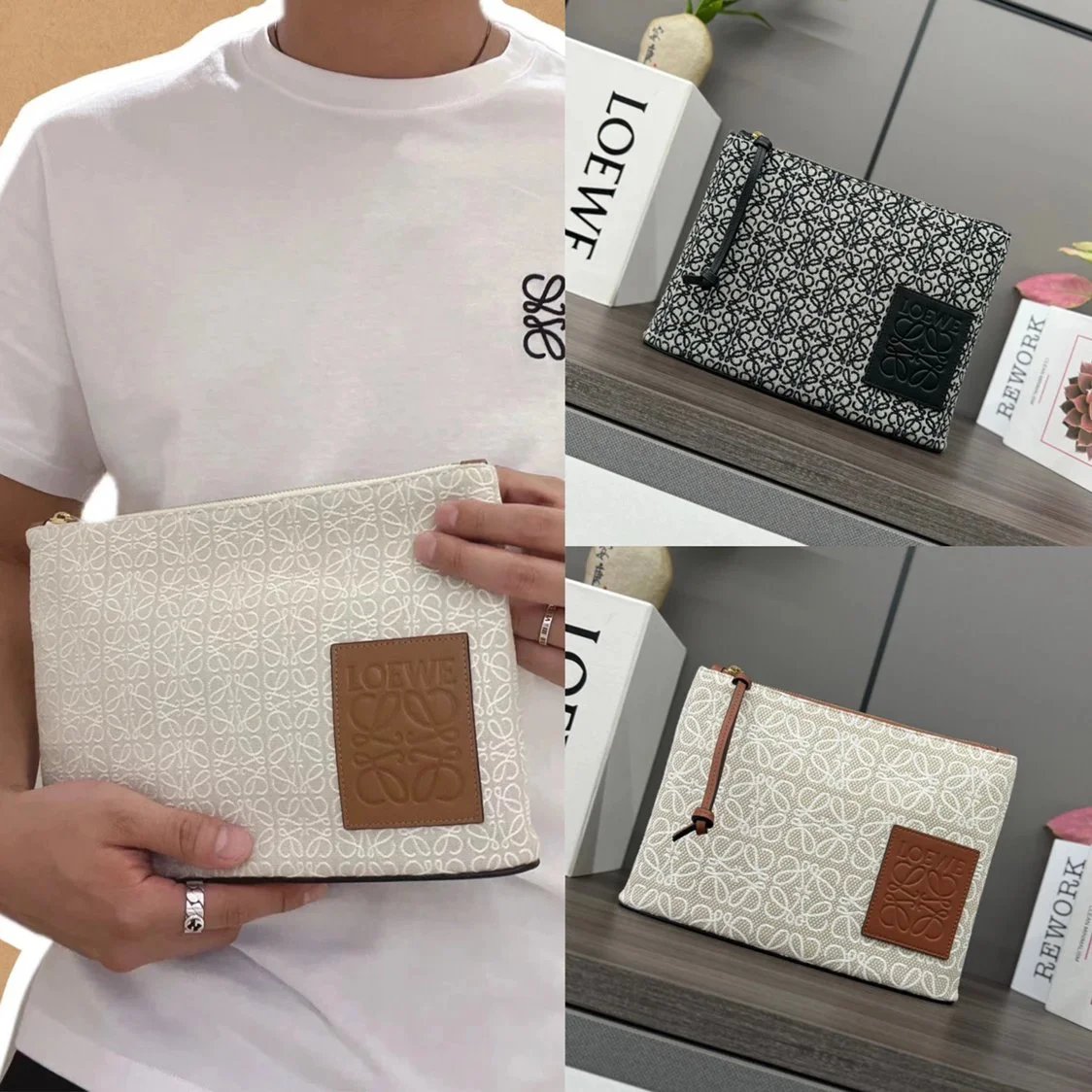 LOEWE Men's Bag Top version 【Original Leather Version】New Jacquard Canvas Clutch for Men and Women Anagram Figured Cloth and Cow Leather Rectangular Small Bag Mobile Phone Bag Storage Bag Handbag