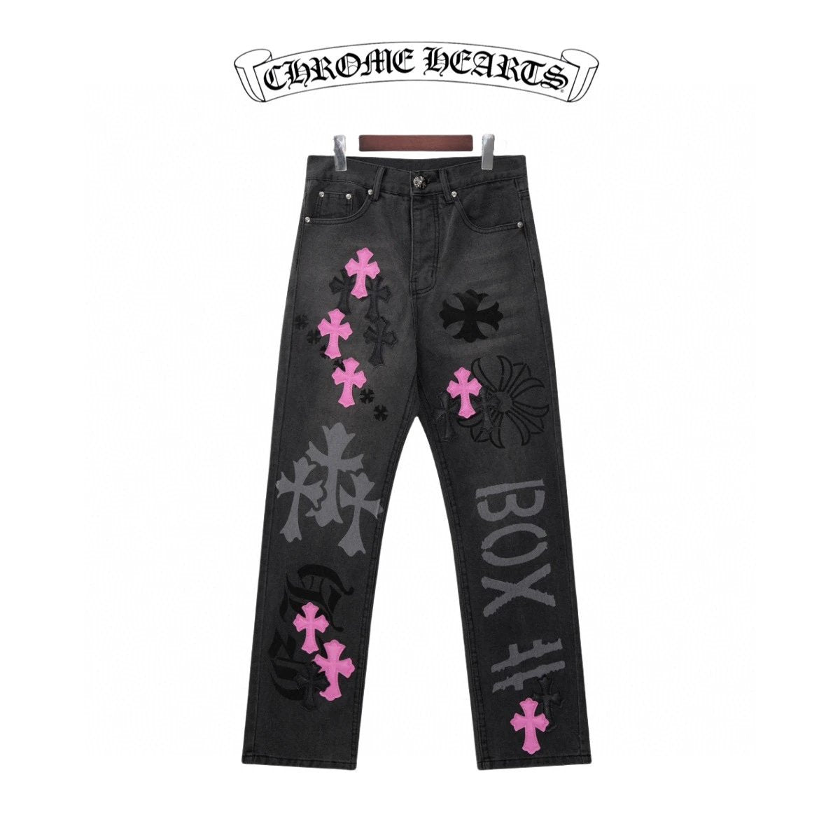 Chrome Hearts Jeans Unique Spray-Painted Mixed Purple Leather Cross logo25ss Spring Summer New Straight Loose Jeans Unisex Slim Fit Long Pants
